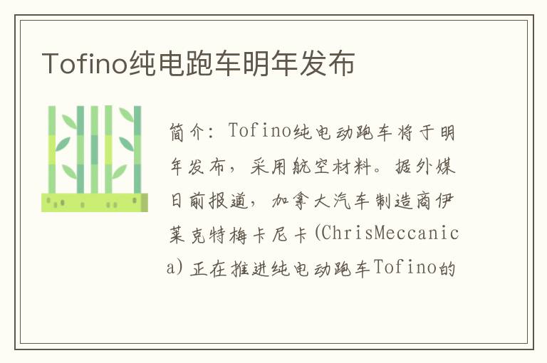 Tofino纯电跑车明年发布