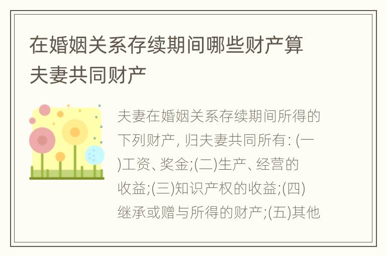 在婚姻关系存续期间哪些财产算夫妻共同财产