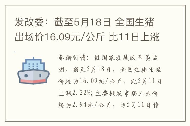 发改委：截至5月18日 全国生猪出场价16.09元/公斤 比11日上涨2.22%