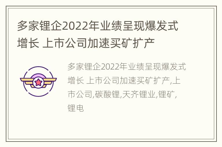 多家锂企2022年业绩呈现爆发式增长 上市公司加速买矿扩产
