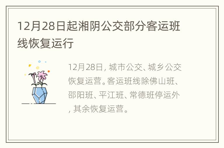 12月28日起湘阴公交部分客运班线恢复运行