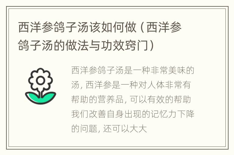 西洋参鸽子汤该如何做（西洋参鸽子汤的做法与功效窍门）