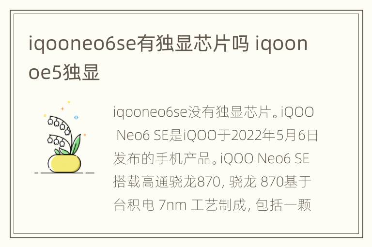 iqooneo6se有独显芯片吗 iqoonoe5独显