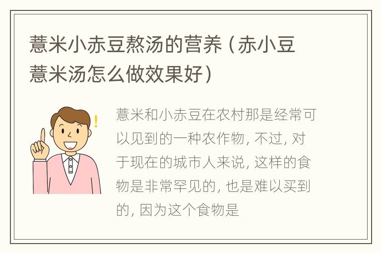 薏米小赤豆熬汤的营养（赤小豆薏米汤怎么做效果好）