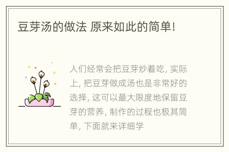 豆芽汤的做法 原来如此的简单！
