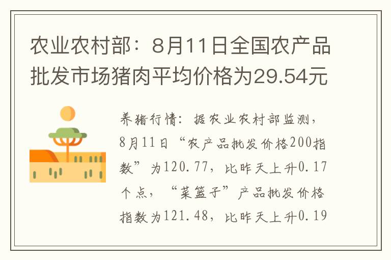 农业农村部：8月11日全国农产品批发市场猪肉平均价格为29.54元/公