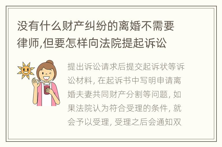 没有什么财产纠纷的离婚不需要律师,但要怎样向法院提起诉讼