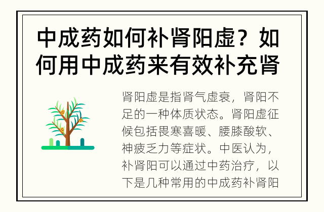 中成药如何补肾阳虚？ 如何用中成药来有效补充肾阳虚？