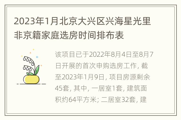 2023年1月北京大兴区兴海星光里非京籍家庭选房时间排布表