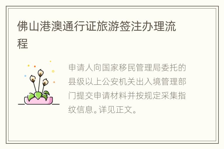 佛山港澳通行证旅游签注办理流程