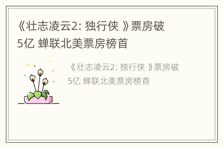 《壮志凌云2：独行侠 》票房破5亿 蝉联北美票房榜首