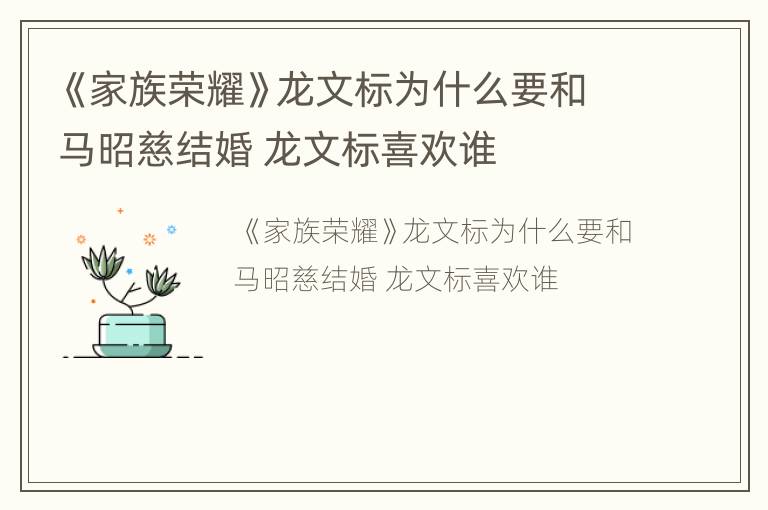 《家族荣耀》龙文标为什么要和马昭慈结婚 龙文标喜欢谁