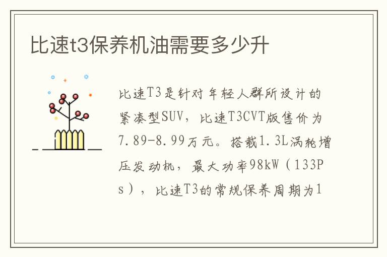 比速t3保养机油需要多少升