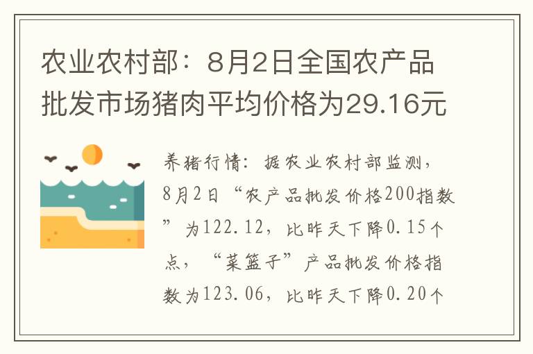 农业农村部：8月2日全国农产品批发市场猪肉平均价格为29.16元/公斤