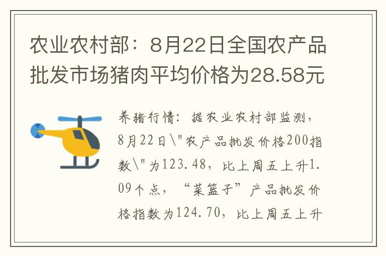 农业农村部：8月22日全国农产品批发市场猪肉平均价格为28.58元/公