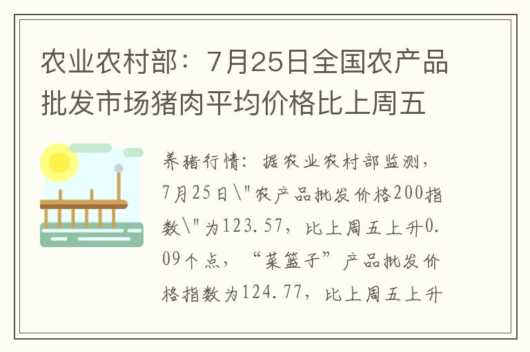 农业农村部：7月25日全国农产品批发市场猪肉平均价格比上周五下降1