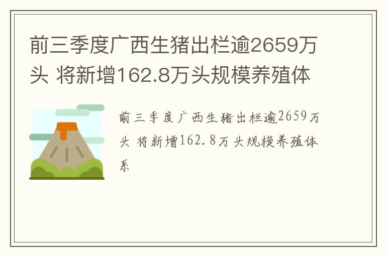 前三季度广西生猪出栏逾2659万头 将新增162.8万头规模养殖体系