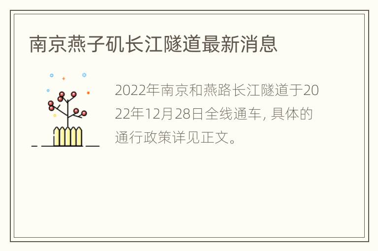 南京燕子矶长江隧道最新消息