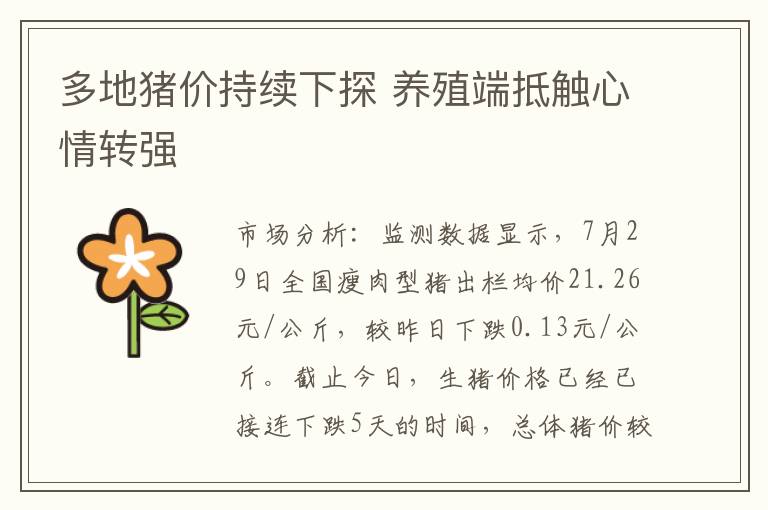 多地猪价持续下探 养殖端抵触心情转强