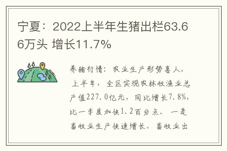 宁夏：2022上半年生猪出栏63.66万头 增长11.7%