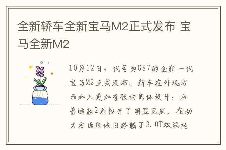全新轿车全新宝马M2正式发布 宝马全新M2