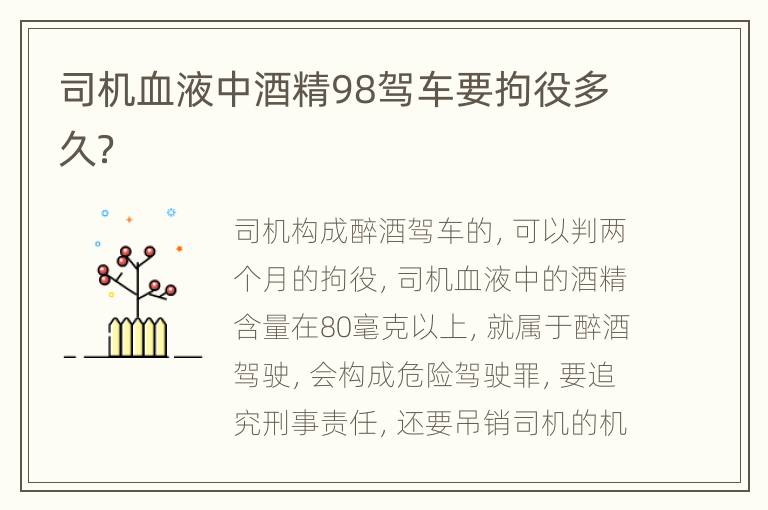 司机血液中酒精98驾车要拘役多久？