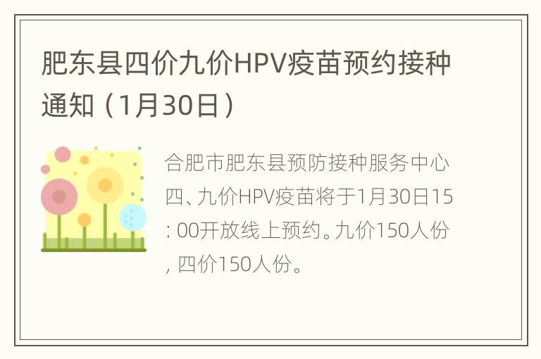肥东县四价九价HPV疫苗预约接种通知（1月30日）