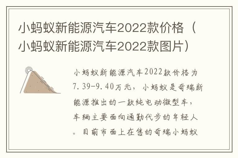 小蚂蚁新能源汽车2022款价格（小蚂蚁新能源汽车2022款图片）
