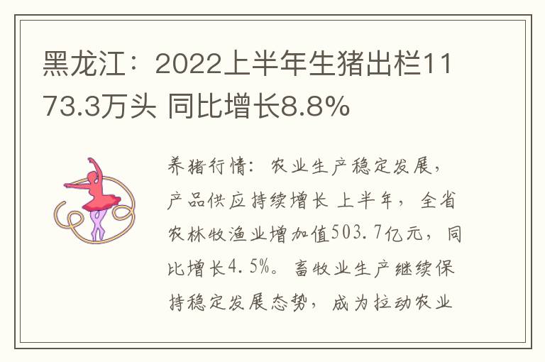 黑龙江：2022上半年生猪出栏1173.3万头 同比增长8.8%