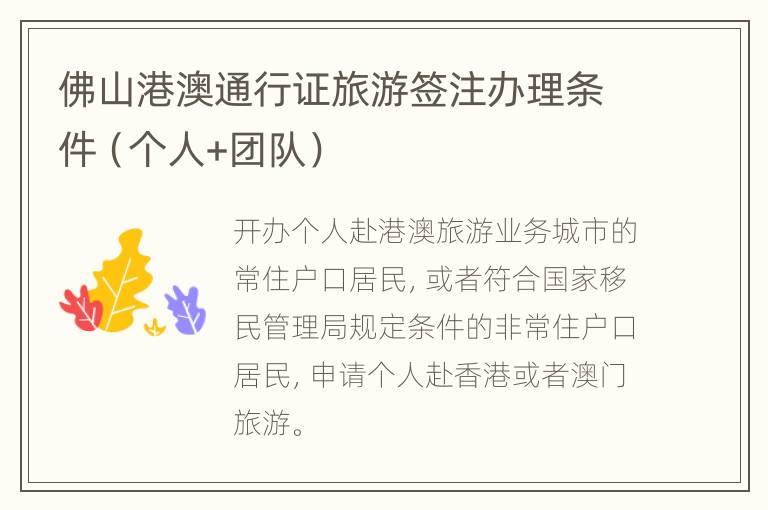 佛山港澳通行证旅游签注办理条件（个人+团队）