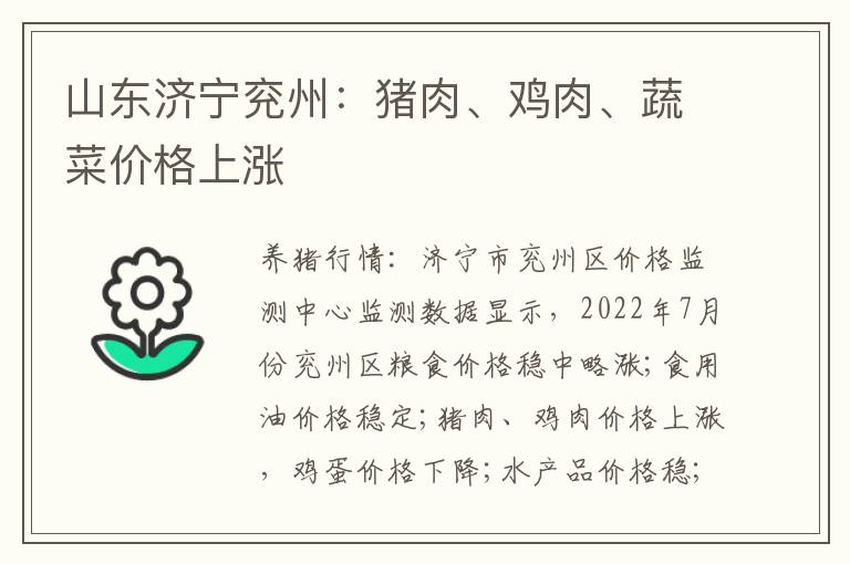 山东济宁兖州：猪肉、鸡肉、蔬菜价格上涨