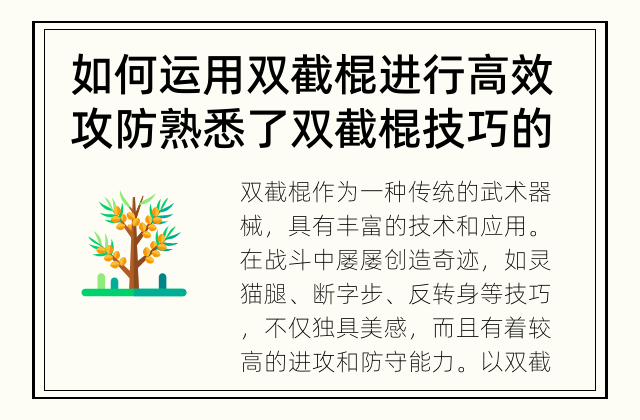 如何运用双截棍进行高效攻防 熟悉了双截棍技巧的威力，你学会了吗？