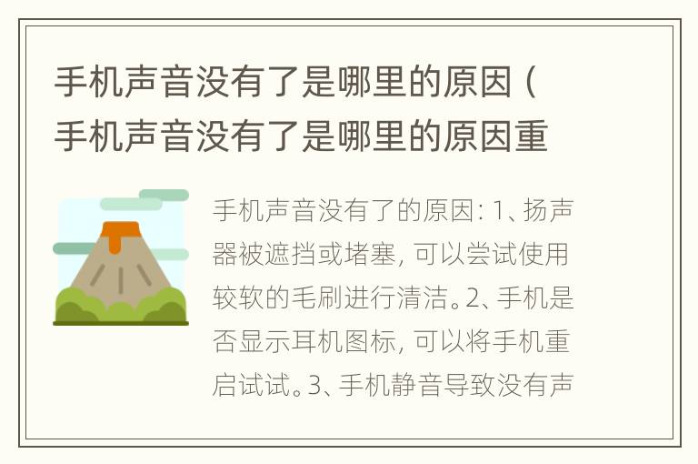 手机声音没有了是哪里的原因（手机声音没有了是哪里的原因重新启动就有声音了）