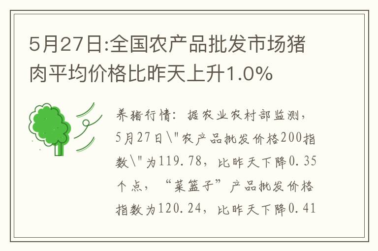 5月27日:全国农产品批发市场猪肉平均价格比昨天上升1.0%
