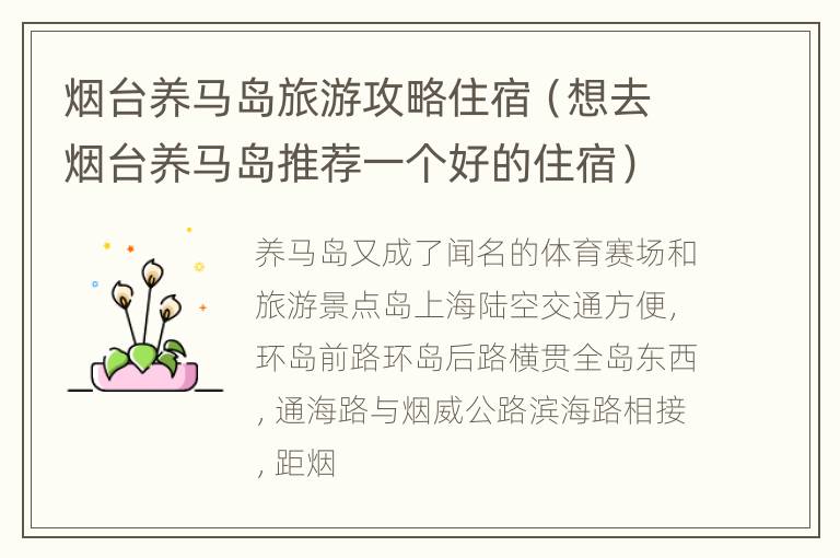 烟台养马岛旅游攻略住宿（想去烟台养马岛推荐一个好的住宿）
