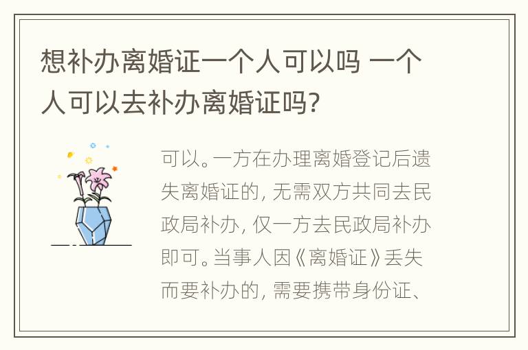 想补办离婚证一个人可以吗 一个人可以去补办离婚证吗?