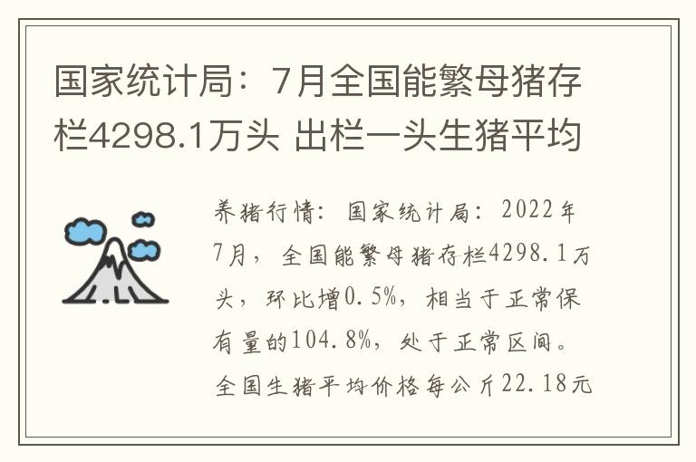 国家统计局：7月全国能繁母猪存栏4298.1万头 出栏一头生猪平均盈利