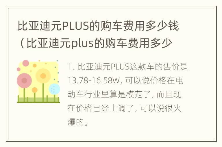 比亚迪元PLUS的购车费用多少钱（比亚迪元plus的购车费用多少钱一辆）
