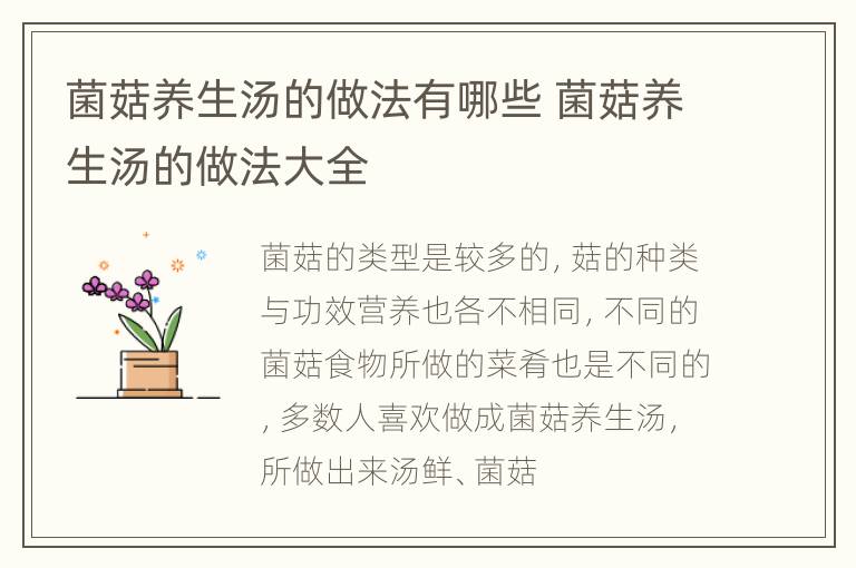 菌菇养生汤的做法有哪些 菌菇养生汤的做法大全