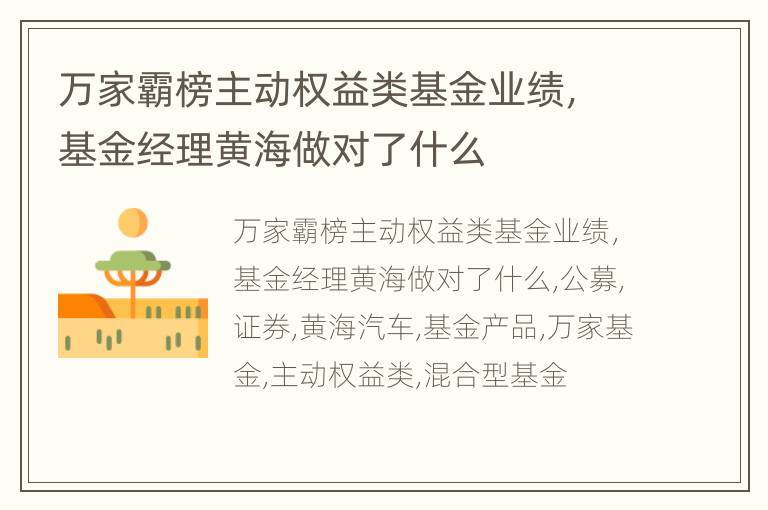 万家霸榜主动权益类基金业绩，基金经理黄海做对了什么