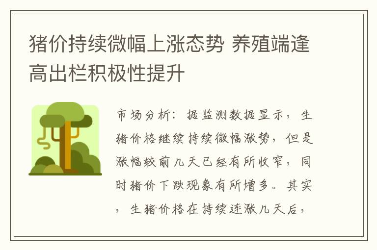 猪价持续微幅上涨态势 养殖端逢高出栏积极性提升