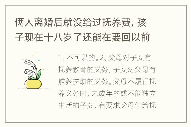 俩人离婚后就没给过抚养费，孩子现在十八岁了还能在要回以前的抚养费吗