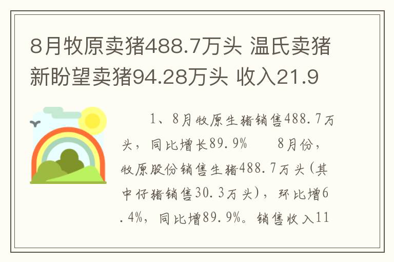 8月牧原卖猪488.7万头 温氏卖猪新盼望卖猪94.28万头 收入21.93亿