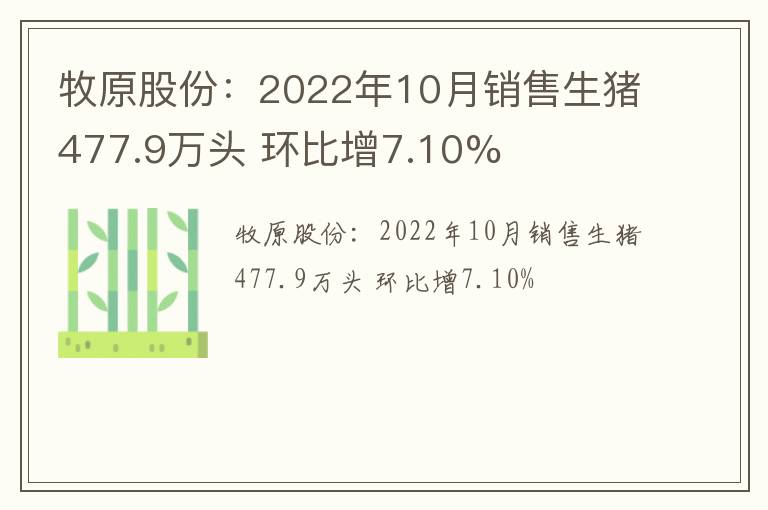 牧原股份：2022年10月销售生猪477.9万头 环比增7.10%