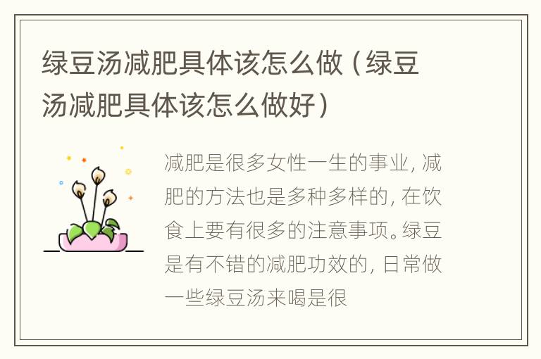 绿豆汤减肥具体该怎么做（绿豆汤减肥具体该怎么做好）