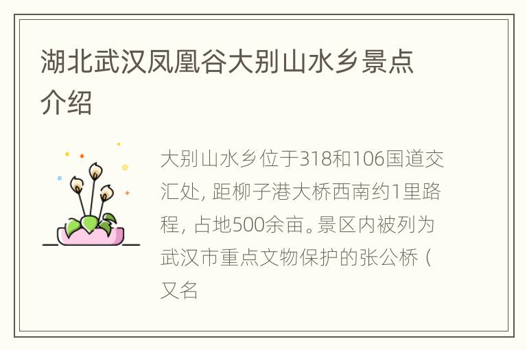 湖北武汉凤凰谷大别山水乡景点介绍