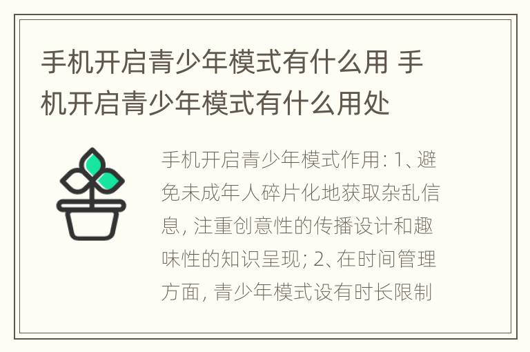 手机开启青少年模式有什么用 手机开启青少年模式有什么用处