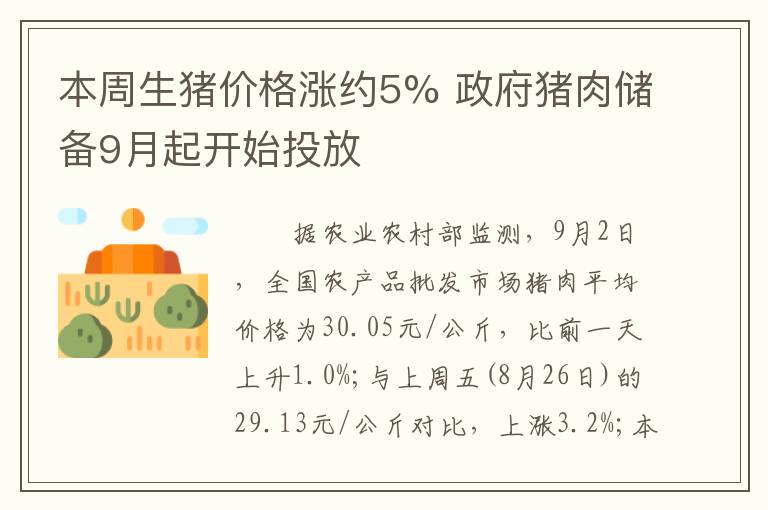 本周生猪价格涨约5% 政府猪肉储备9月起开始投放