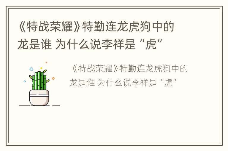 《特战荣耀》特勤连龙虎狗中的龙是谁 为什么说李祥是“虎”