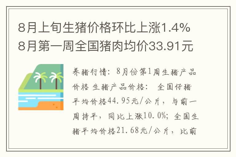 8月上旬生猪价格环比上涨1.4% 8月第一周全国猪肉均价33.91元/公斤